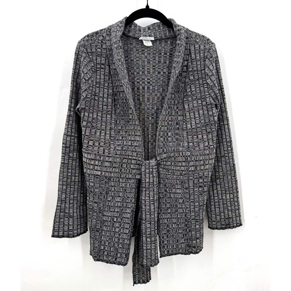 Express U Cardigan Women 1X Gray Black Metallic Ribbed Knit Tie Front Made USA
